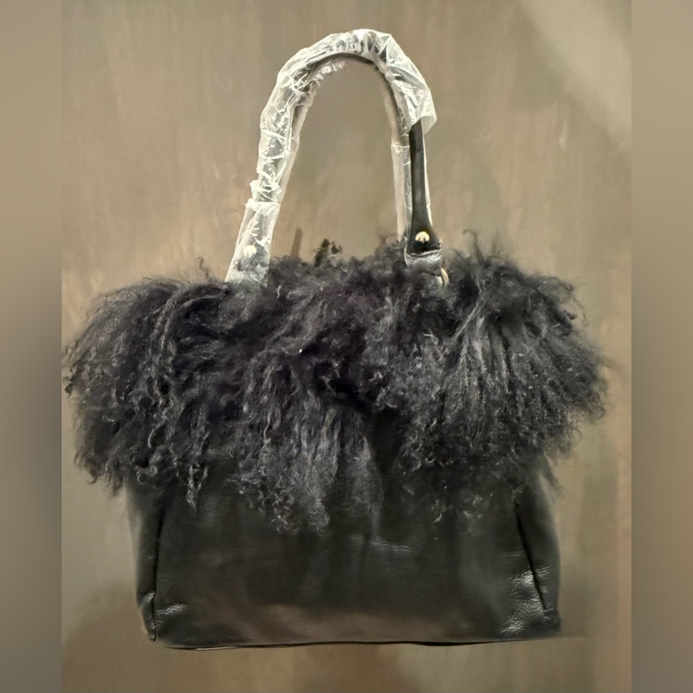 NWOT Aqua Madonna Black Mongolian Lamb -Trimmed tote bag - Designer direct